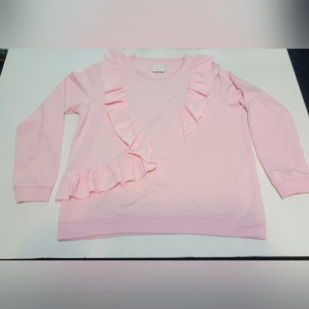 Karen By Simonsen Size Large Cotton Pink Ruffled Long Sleeve Top
